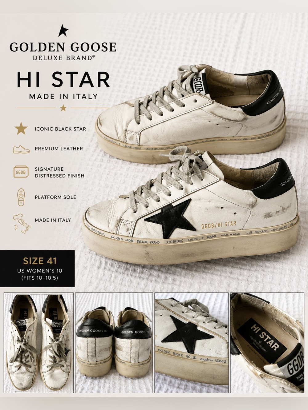 Golden Goose Hi Star Sneakers Leather Platform Shoes EU 41 US 10 GGDB Italy